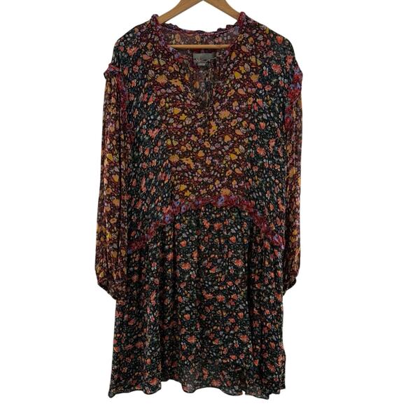 By Anthropologie Helene Black Floral Ruffled Chiffon Semi Sheer Tunic Dress Med. - Picture 2 of 16